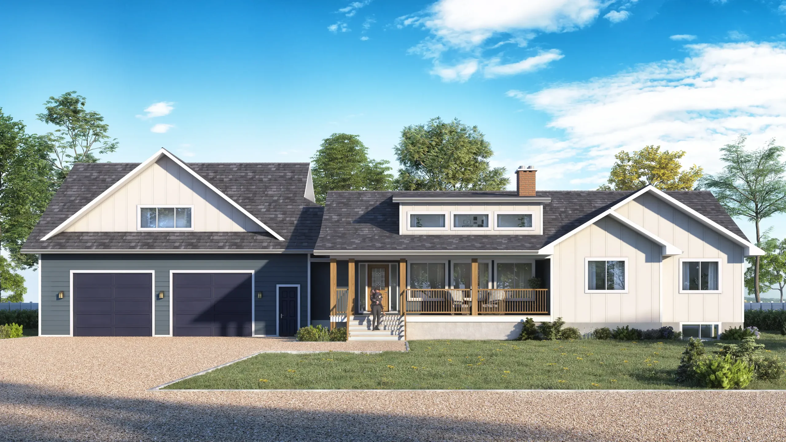 Modern ready-to-move (RTM) home with navy blue and cream siding, large covered front porch, oversized windows, and double attached garage, set against a bright Alberta sky with landscaped yard.