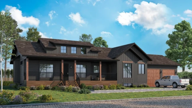 Charming country-style home with dark siding, a covered front porch, wooden accents, and a two-car garage, surrounded by lush landscaping and set against a bright blue sky.