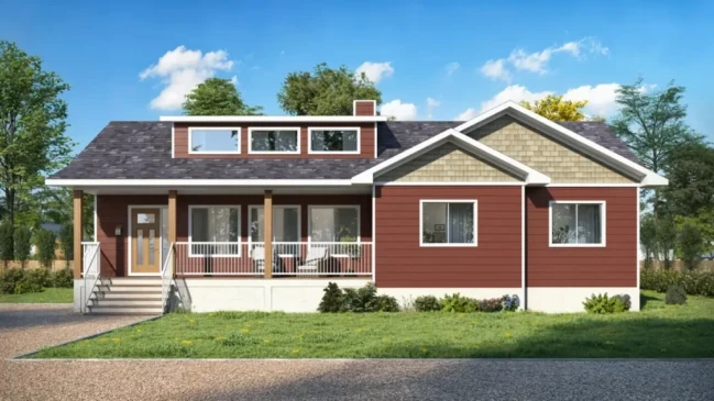 Craftsman-style RTM home with covered porch and dormer windows, ready-to-move home serving Alberta and Saskatchewan