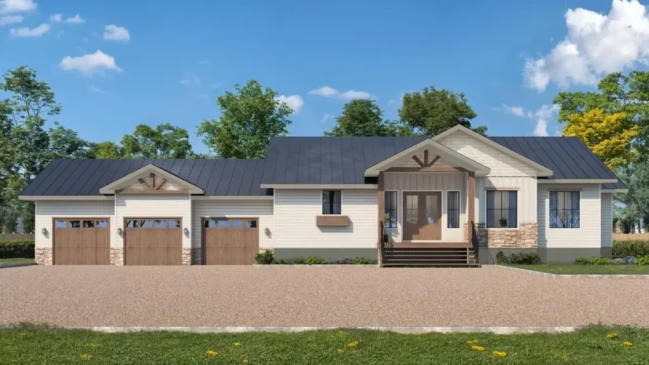 Spacious bungalow RTM home with triple garage and stone accents, ready-to-move home builder in Alberta and Saskatchewan