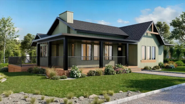 Architectural rendering of a modern bungalow featuring covered front porch, board and batten siding, and professional landscaping.