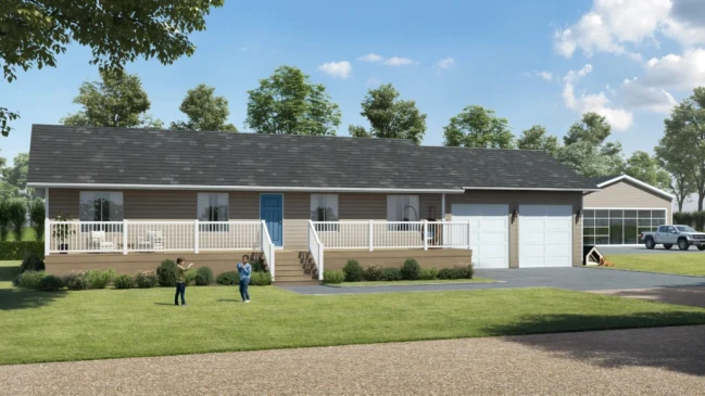 Ready-to-move bungalow home with attached double garage, wide front porch with white railing, and landscaped yard.