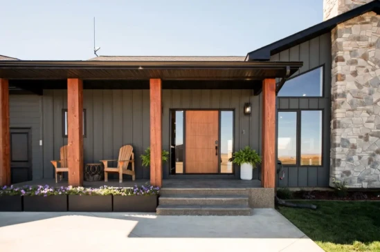 Covered front entrance with timber posts, modern front door, and welcoming outdoor seating area.