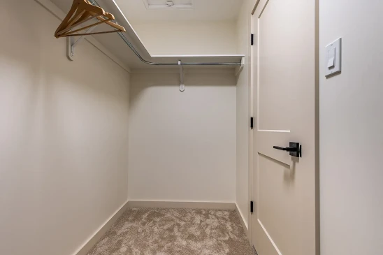 Empty walk-in closet in a ready-to-move home featuring beige walls, carpet flooring, a metal clothing rod with wooden hangers, and a closed door with a black handle.