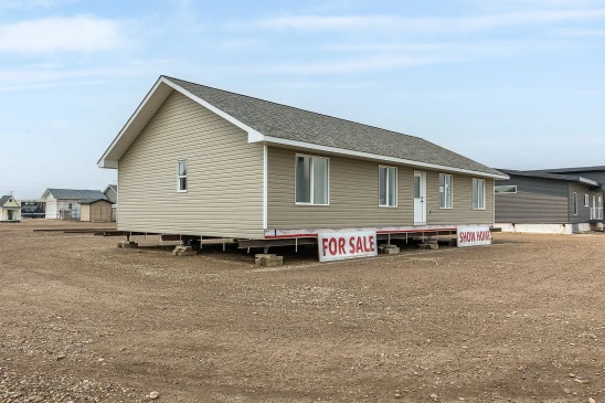 Front view of a tan ready-to-move show home for sale in Saskatchewan, featuring white-trimmed windows, a gable roof, and signs that read “FOR SALE” and “SHOW HOME.”