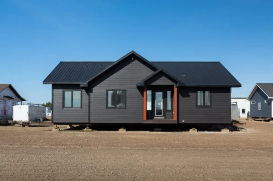 Modern RTM home with black exterior siding, metal roof, and covered front entry built by Jade Homes.